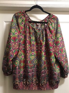 Anne Klein XL womens paisley floral brights long sleeve blouse tie front
